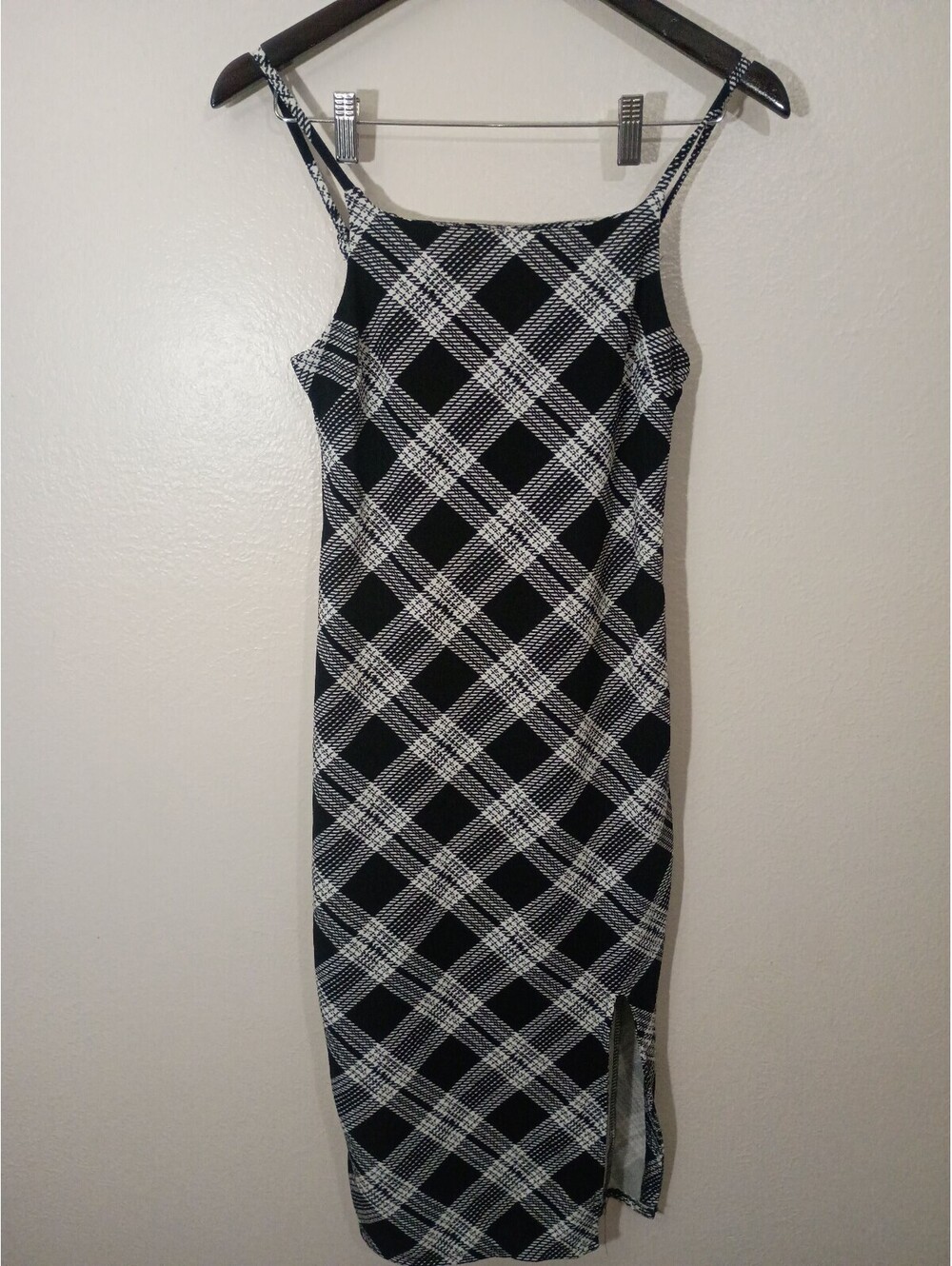 No Boundaries Black and White Plaid Midi Dress with Side Slit